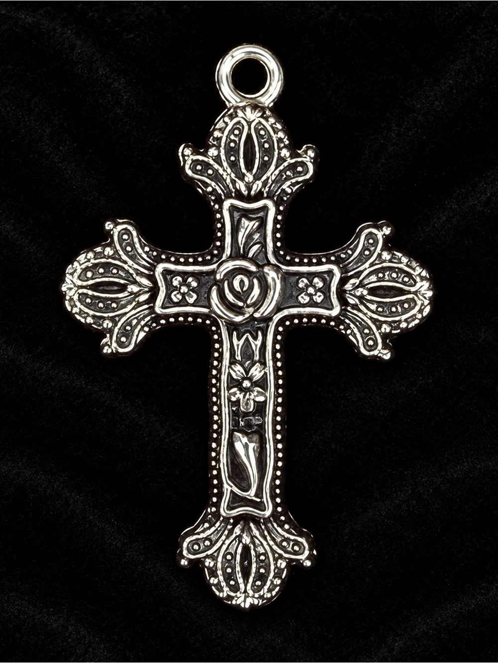 Vintage Ornate Silver Tone Floral Rose Cross Pendant